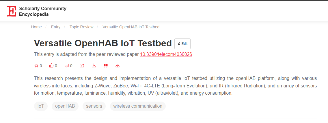New entry in the E Scholarly Community Encyclopedia:Versatile OpenHAB IoT Testbed